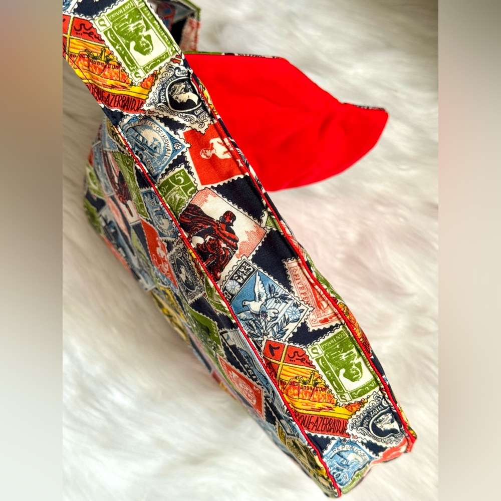 Vintage Postage Stamp Print Shoulder Bag Multicolor Travel-Inspired Handmade - Picture 6 of 11